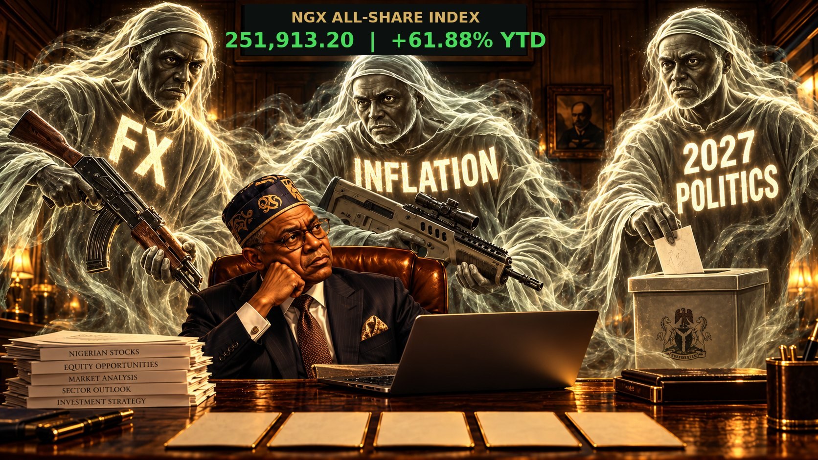 Editorial illustration: a man at a desk surrounded by three ghosts labelled FX, Inflation and 2027 Politics, below an NGX All-Share Index ticker reading 251,913.20, +61.88% YTD