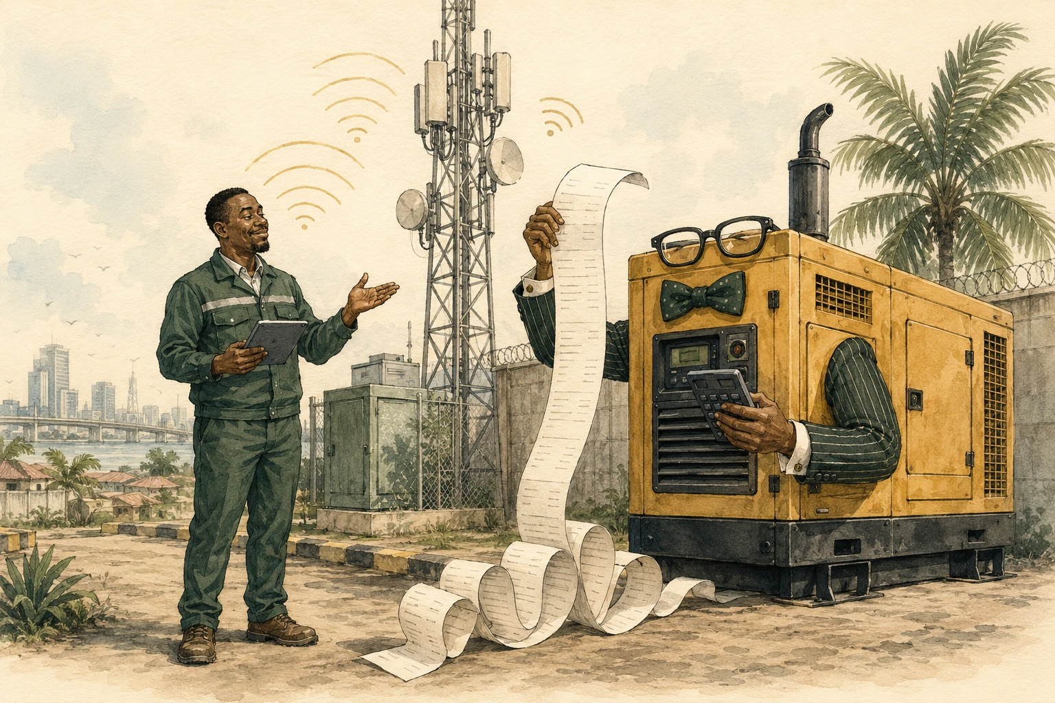 Editorial cartoon: a Nigerian telecom engineer faces a suited diesel generator with a calculator and an enormous invoice beside a telecom tower.
