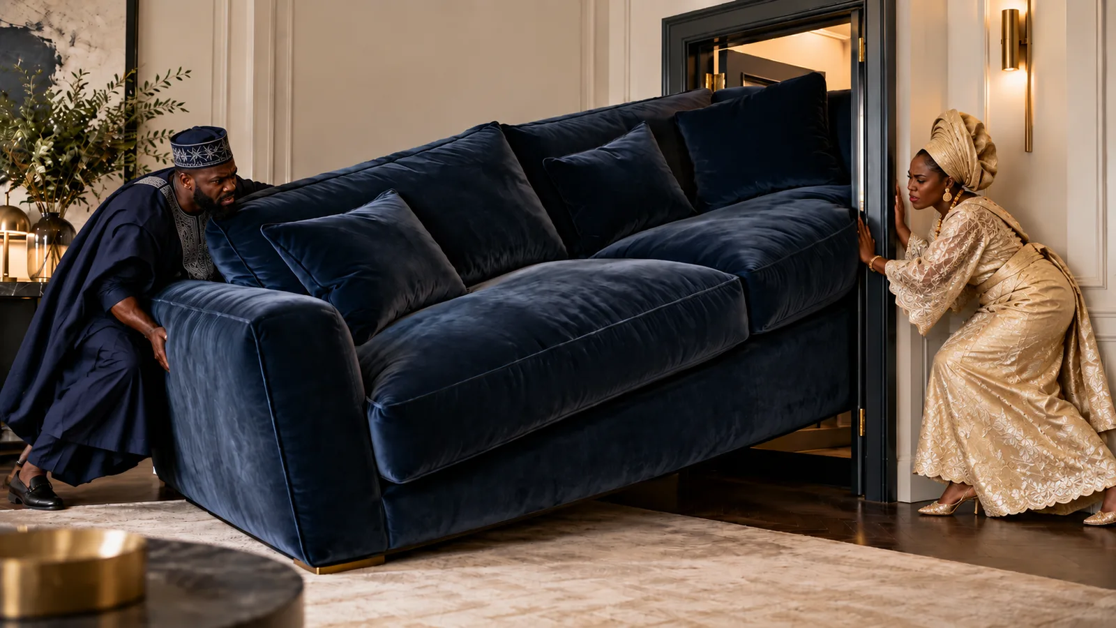 A man in a navy agbada and a woman in a gold lace gown and gele struggle to force an oversized navy velvet sofa through a doorway far too narrow for it.