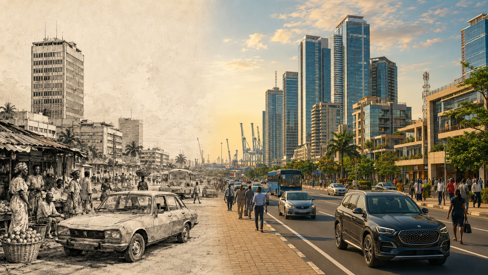 An illustrated Lagos street moves from the 1970s into the present, with a period Peugeot on the left and modern roads, vehicles and glass towers on the right.