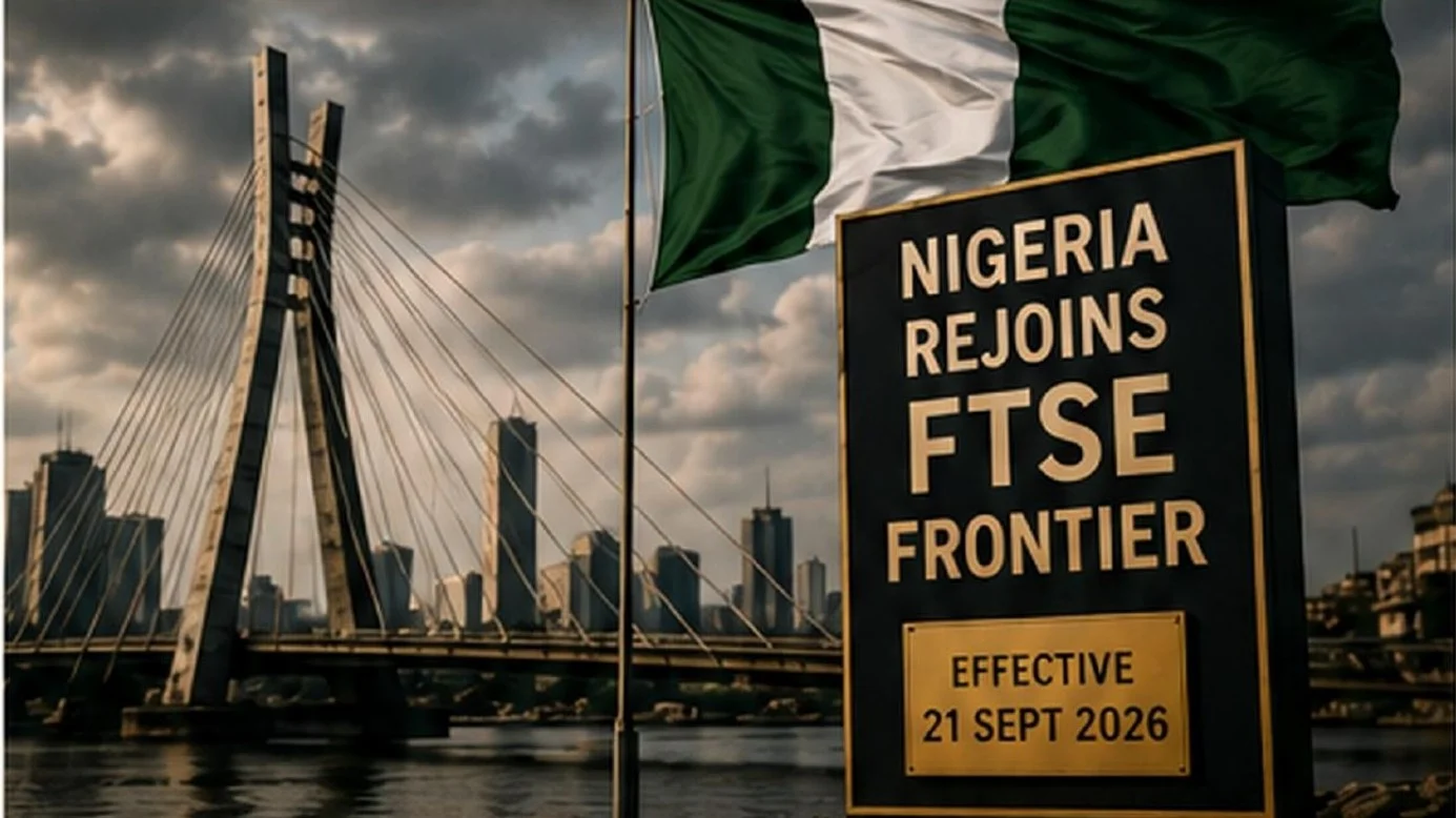 Lagos skyline and a cable-stayed bridge under a stormy sky, with a Nigerian flag and a black and gold sign reading Nigeria Rejoins FTSE Frontier, Effective 21 Sept 2026.