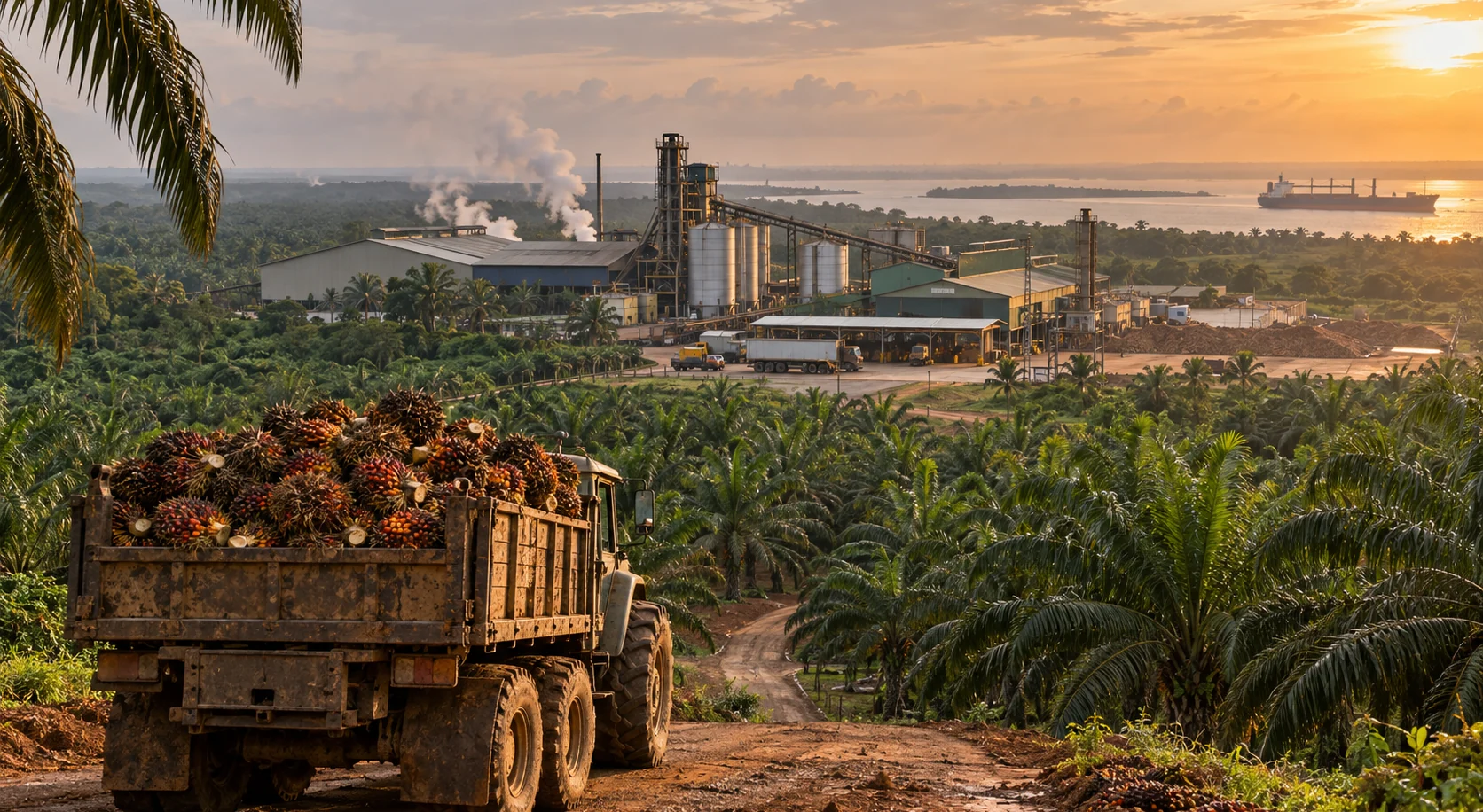 A truck loaded with fresh oil-palm fruit bunches on a red laterite road, with an oil-palm estate, a palm mill with steam rising from it and a cargo ship on the water behind.
