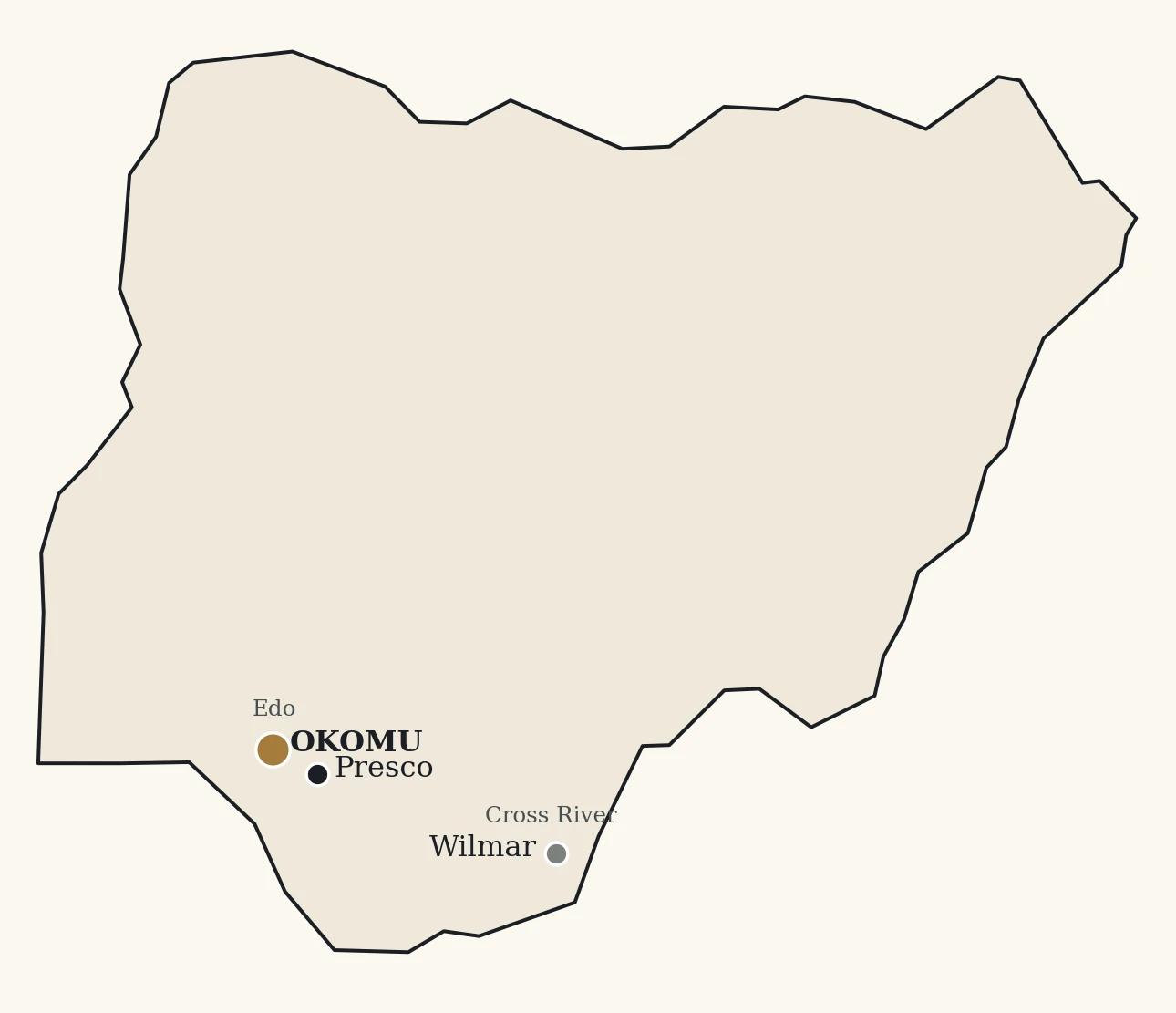Outline map of Nigeria with Okomu and Presco marked close together in Edo State and Wilmar marked farther east in Cross River State.