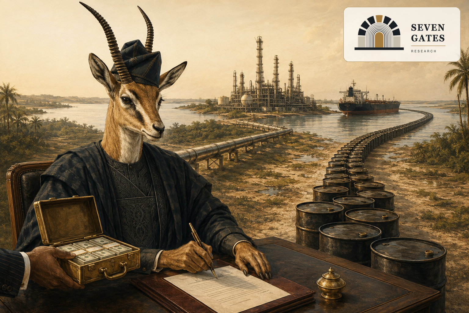 A gazelle in agbada signs for present dollars against a long procession of future oil barrels while a refinery waits beside the water.