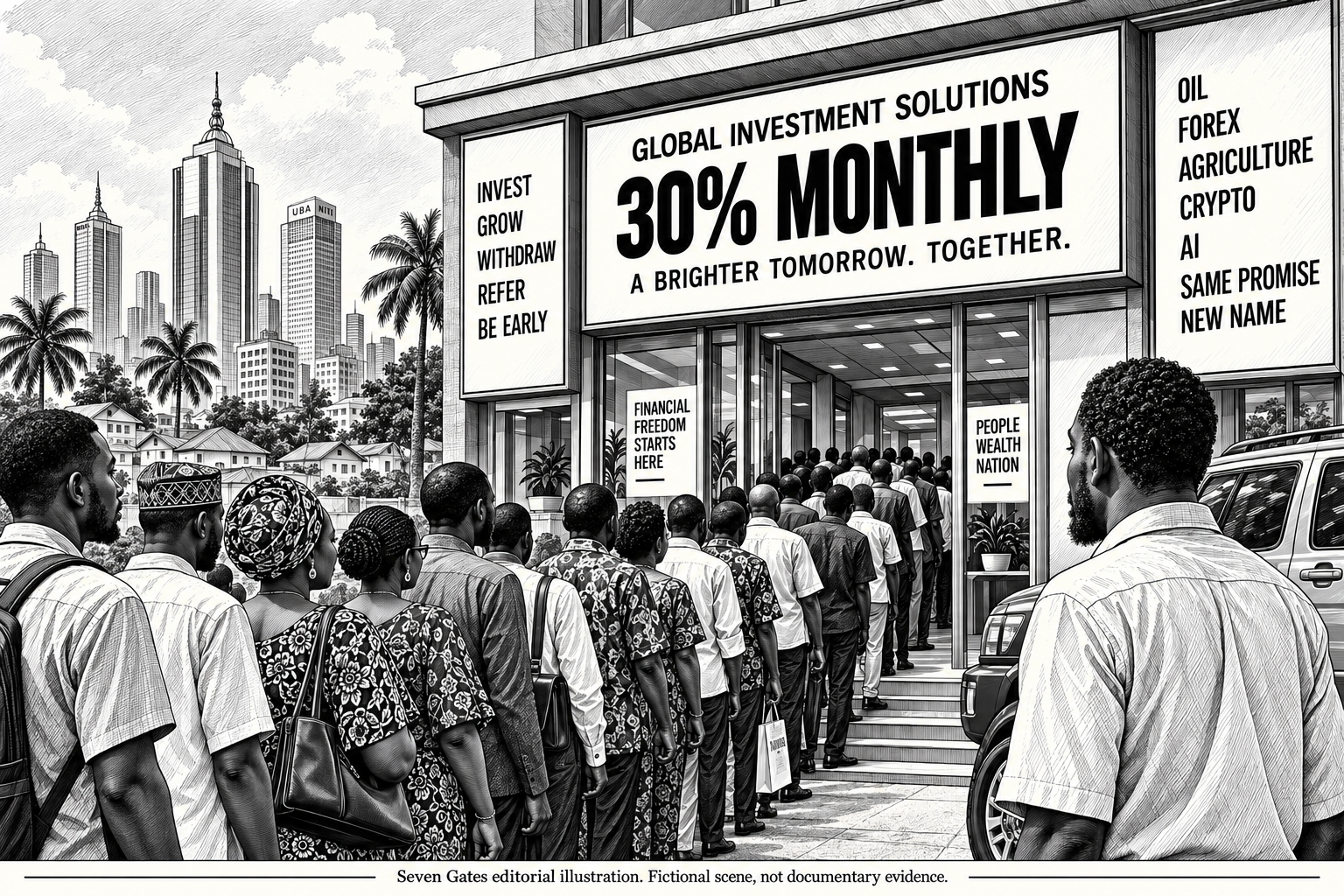 Seven Gates editorial illustration of a queue outside a fictional investment office advertising Global Investment Solutions, 30 percent monthly returns.