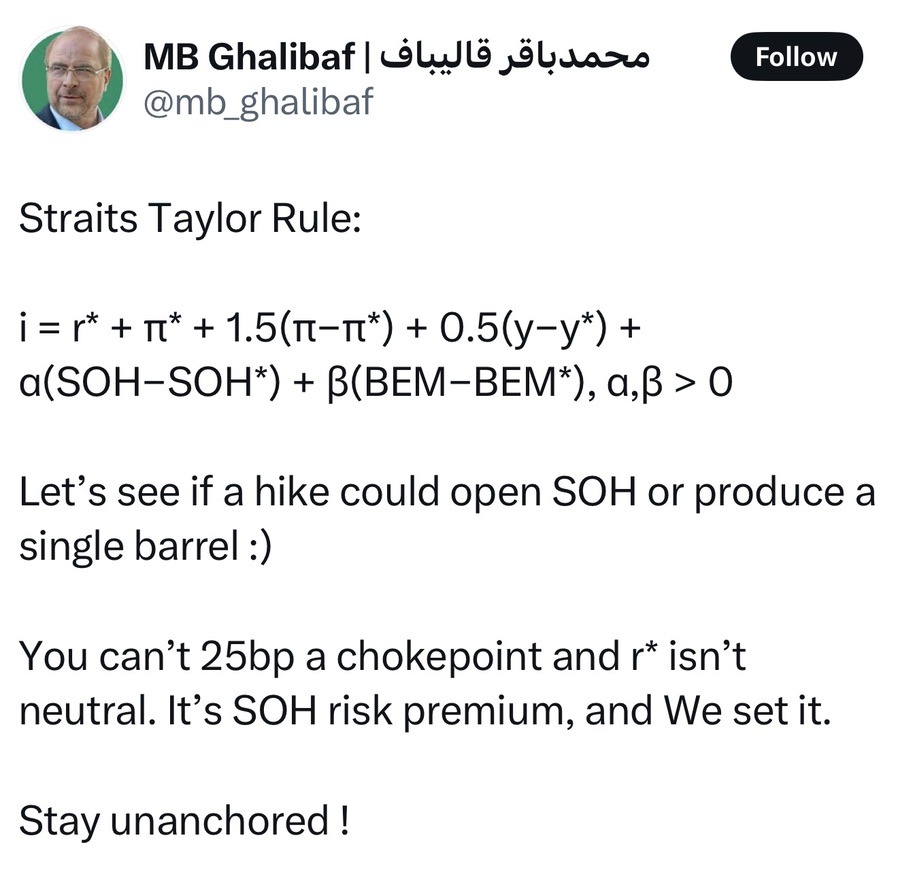 Screenshot of a post by MB Ghalibaf (@mb_ghalibaf) headed Straits Taylor Rule: i = r* + π* + 1.5(π−π*) + 0.5(y−y*) + α(SOH−SOH*) + β(BEM−BEM*), α,β > 0. Let's see if a hike could open SOH or produce a single barrel :) You can't 25bp a chokepoint and r* isn't neutral. It's SOH risk premium, and We set it. Stay unanchored!