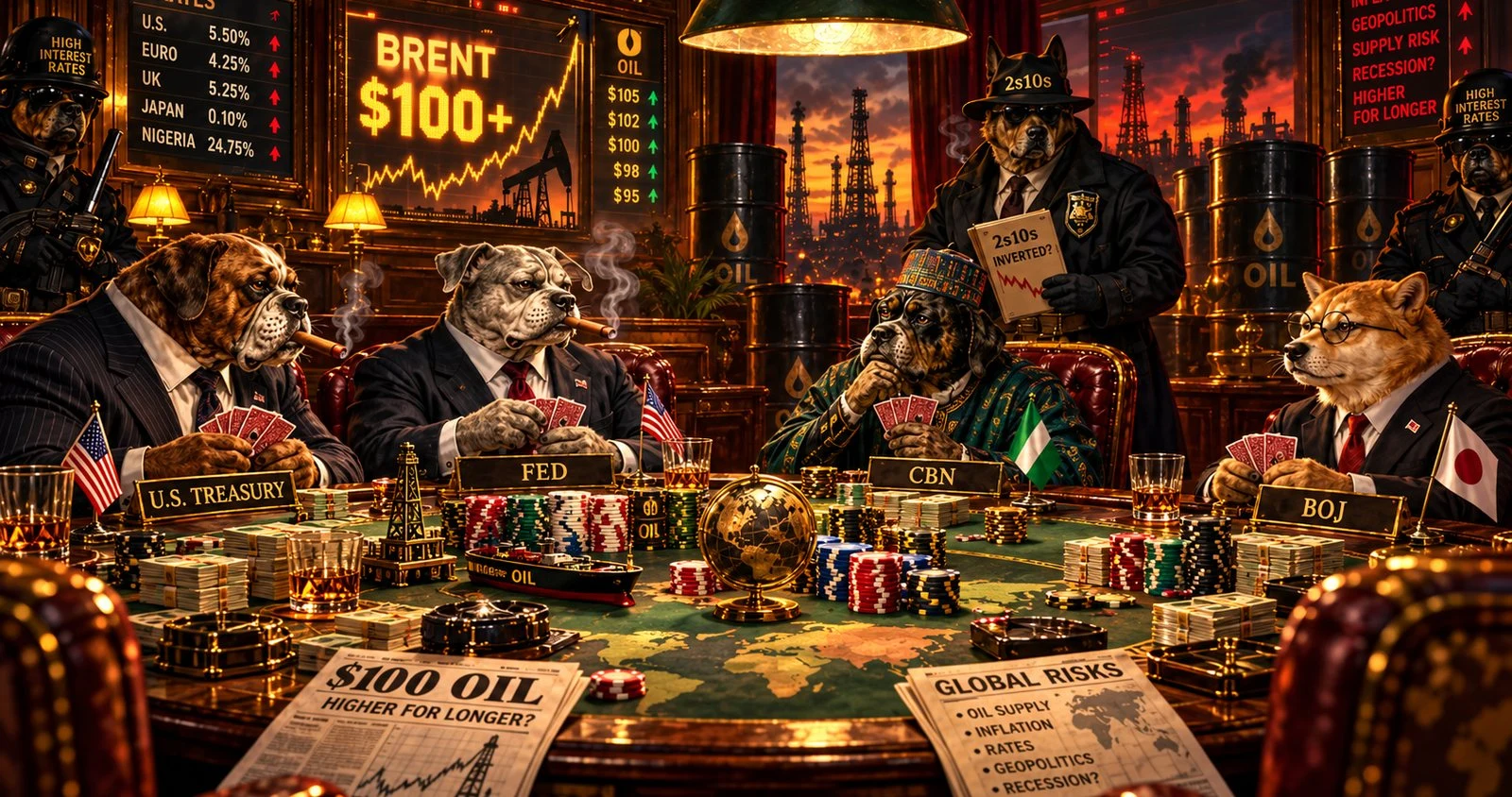 Editorial illustration of a poker game in a smoky club. Dogs in suits sit behind name plates for the U.S. Treasury, the Fed, the CBN and the BOJ, with oil barrels, a globe, poker chips and a Brent $100+ display behind them.