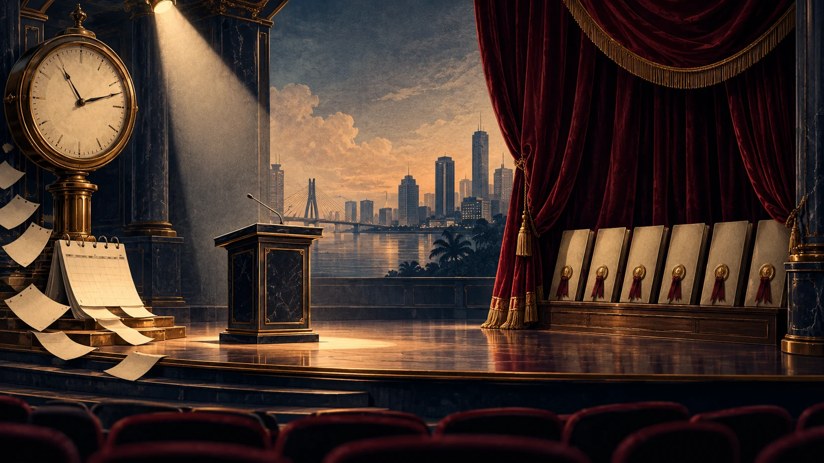 A theatre stage with a lectern in a spotlight, a large brass clock and a calendar shedding pages on the left, six sealed report volumes on the right, and a Lagos waterfront skyline behind.