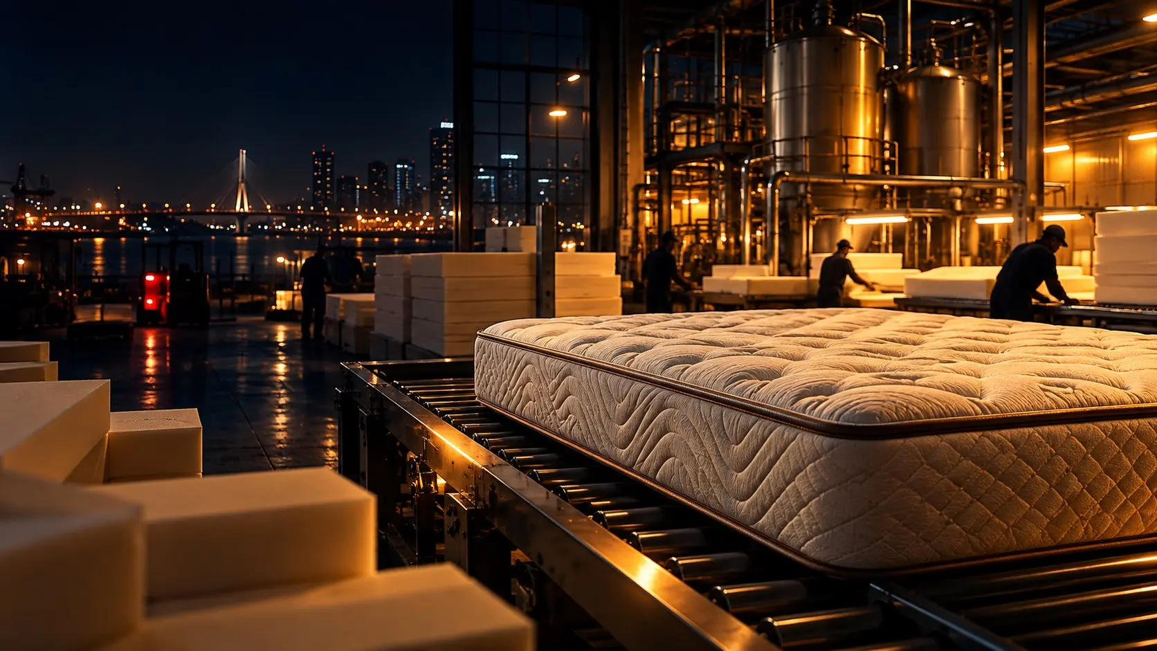 Editorial illustration of a night-time polyurethane foam factory: a quilted mattress rides a roller conveyor past stacked foam blocks, with workers and steel reactor vessels glowing amber in the background and a bridge-lit city skyline beyond the quay.